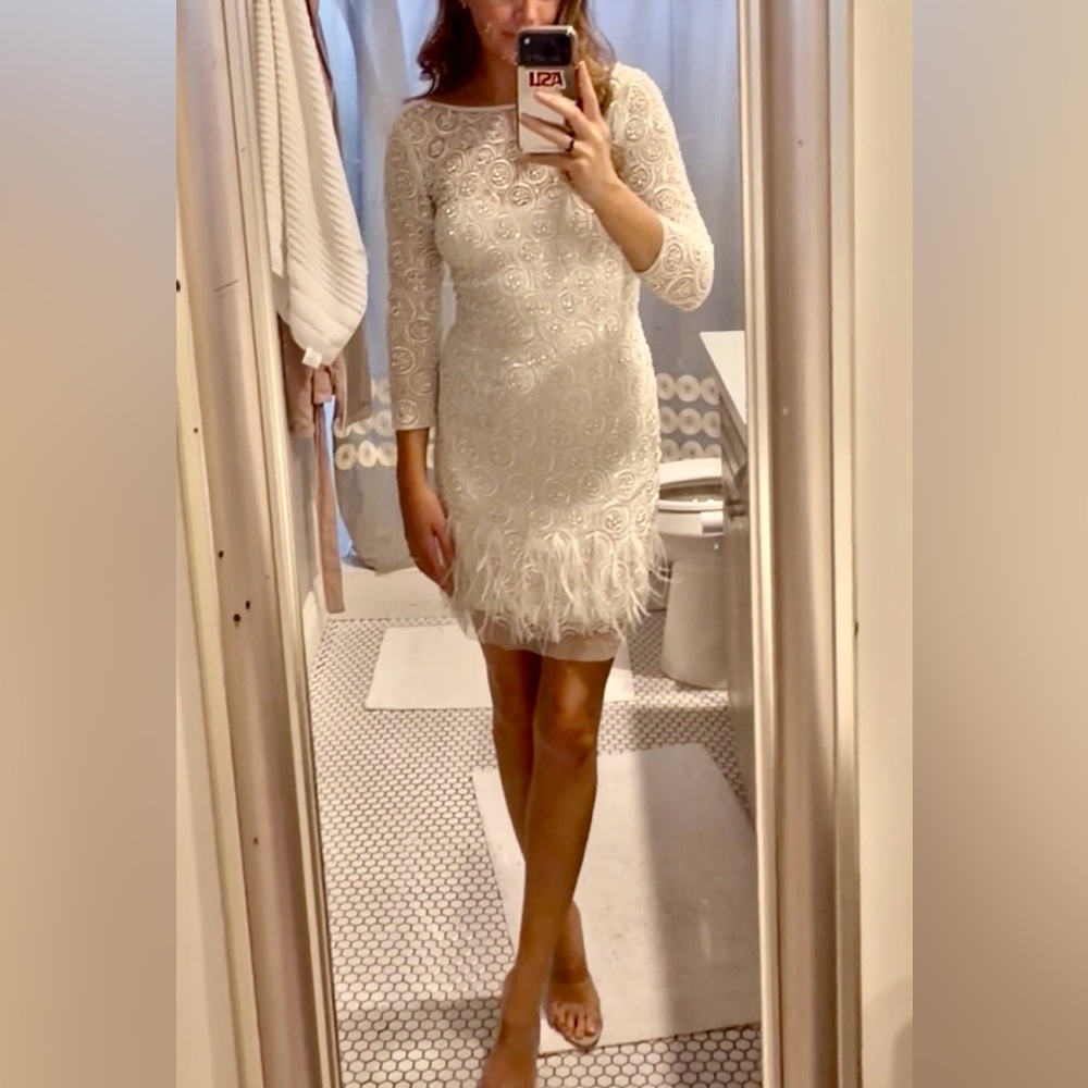 Wedding or Bride White Lace & Feather Cocktail Dress